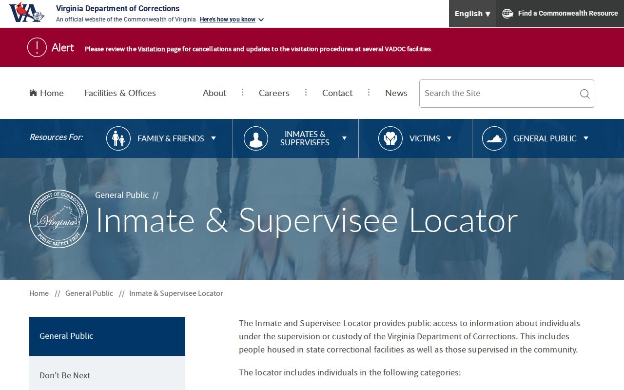 VADOC inmate locator for sentenced Alleghany County arrest cases