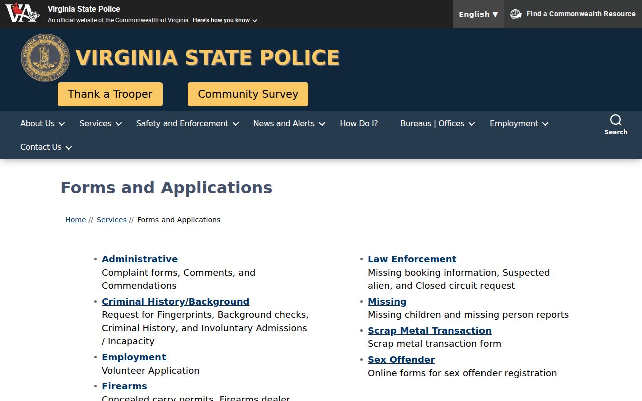 Alleghany County criminal records forms from Virginia State Police